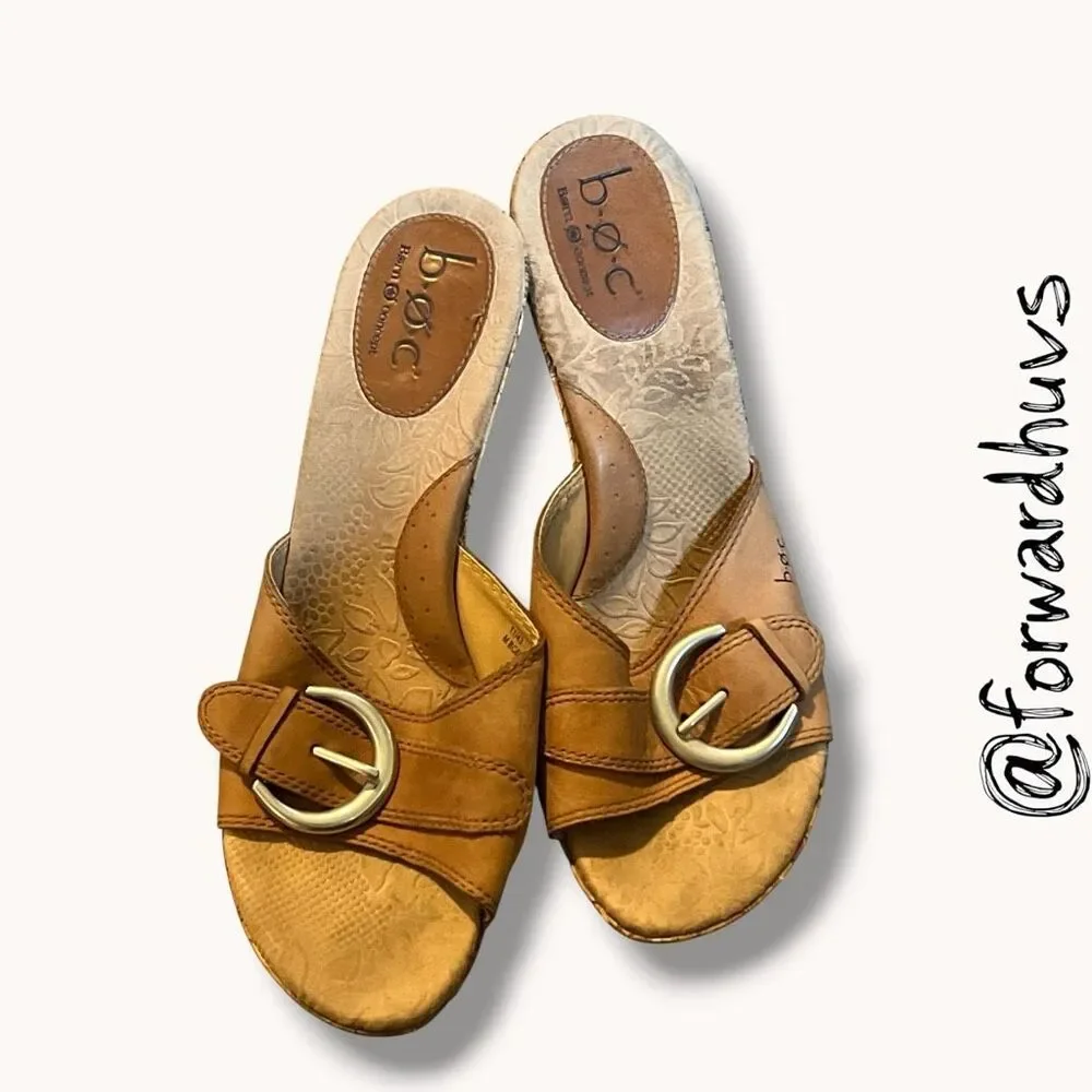 BOC by Born Leather Wedge Slide Sandals Tan Floral Cork Women’s 11